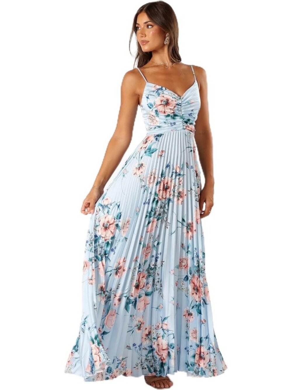 Chic Women's Pleated Maxi Dress - Elegant Floral Print, Summer Party Ready